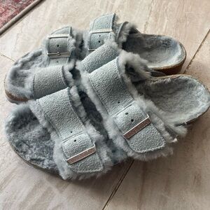 Fuzzy baby blue Birkenstocks